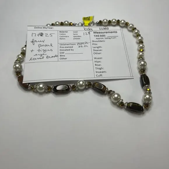 necklace Faux pearl and tiger's eye beaded costume jewelry natural neutral - Picture 11 of 11